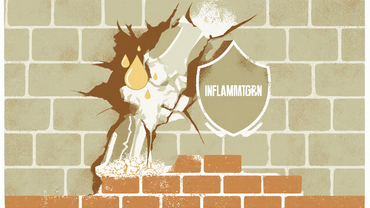 A crumbling joint wall protected by Boswellia droplets while collagen rebuilds below.