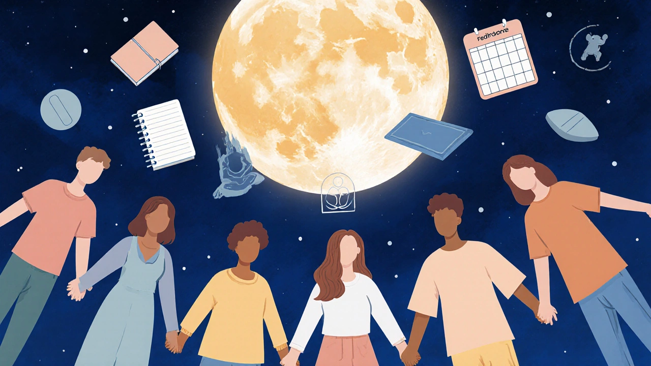 A supportive circle under a moon with icons of journaling, yoga, and meditation, representing community and coping strategies for prednisone users.