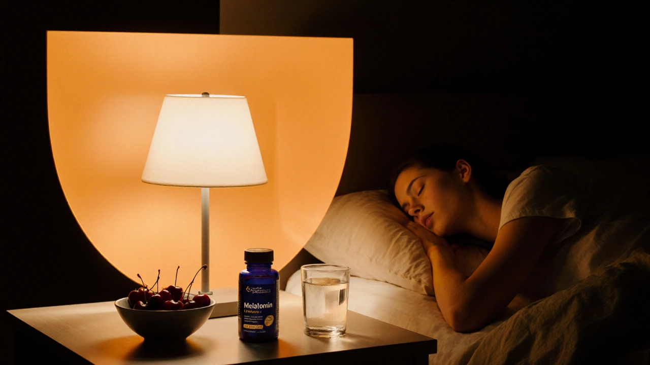 Bedroom night scene with melatonin supplement, cherries, and protective amber shield.
