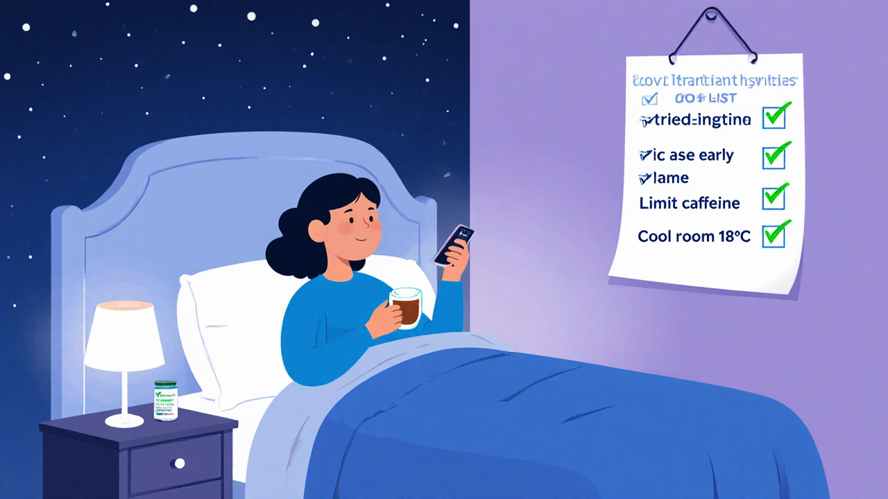 Calm bedtime routine with melatonin, tea, and sleep‑hygiene checklist.