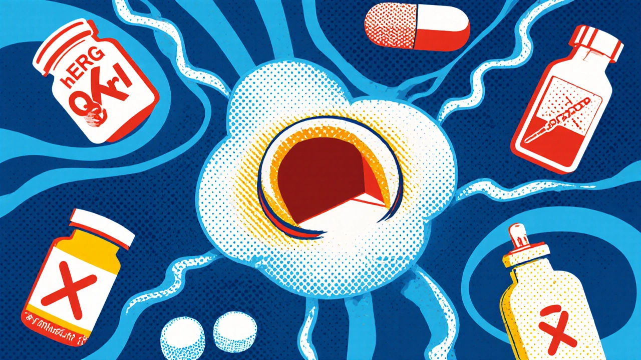Cardiac cell with blocked hERG and IK1 channels surrounded by silhouettes of QT‑prolonging drugs.