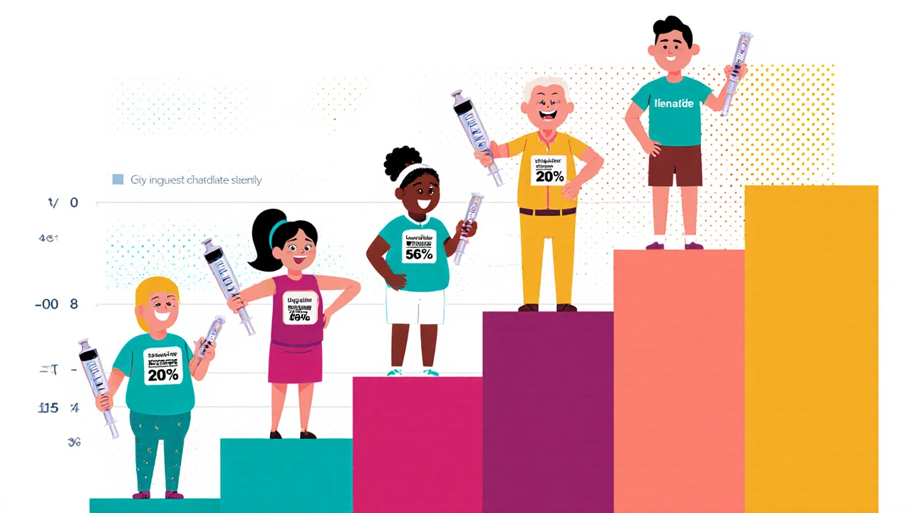 Cartoon characters of GLP-1 drugs showing dosage forms and weight‑loss percentages.