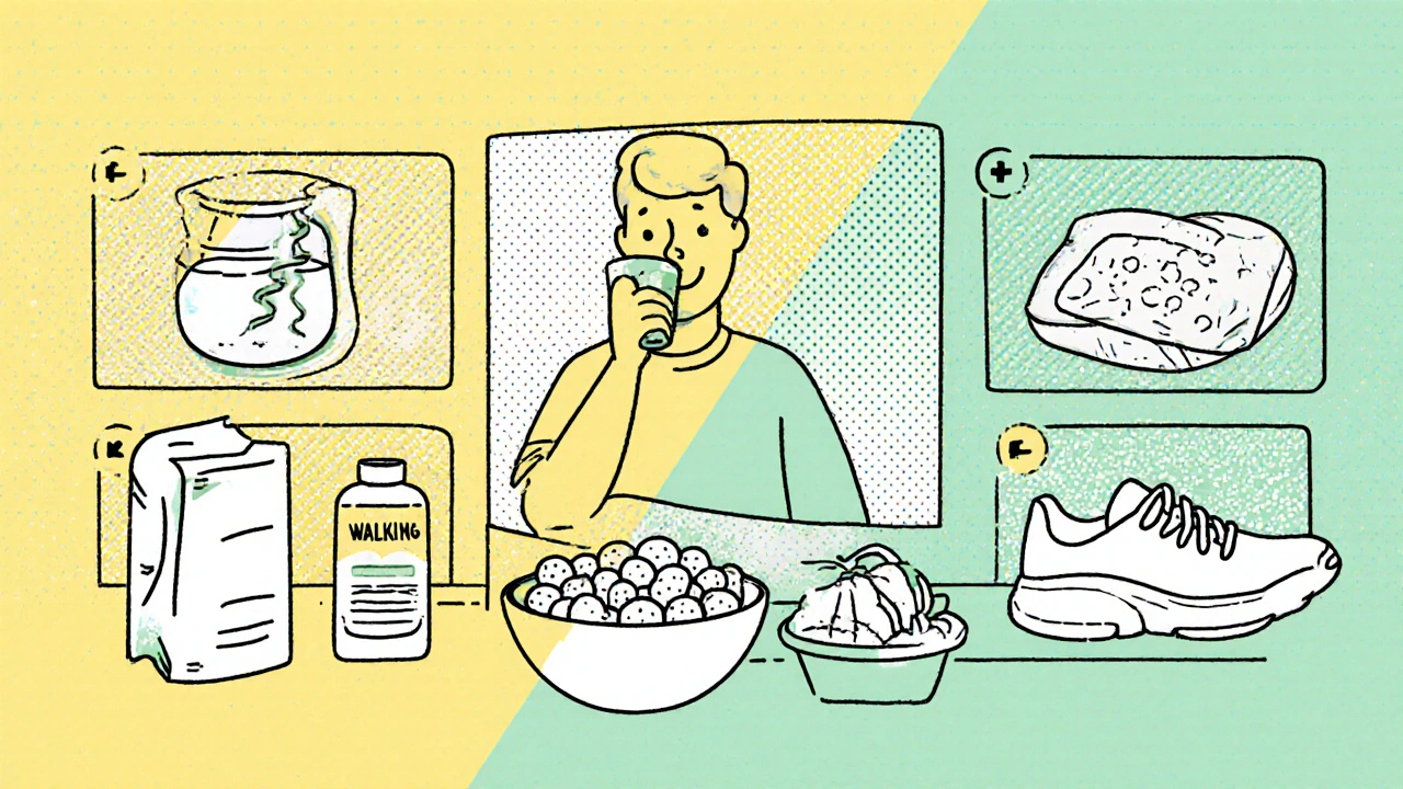 Checklist illustration of water, fiber foods, walking, and laxative for constipation relief.
