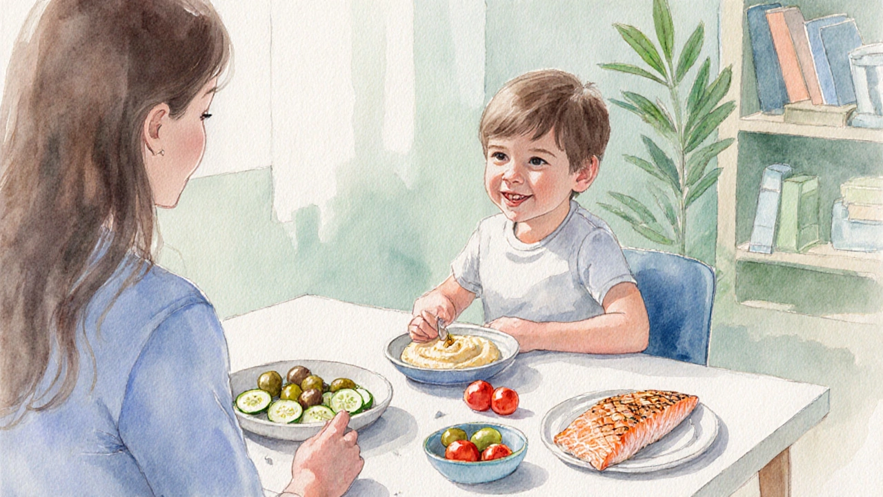 Child and therapist sharing a Mediterranean‑style meal, illustrating combined diet and therapy.