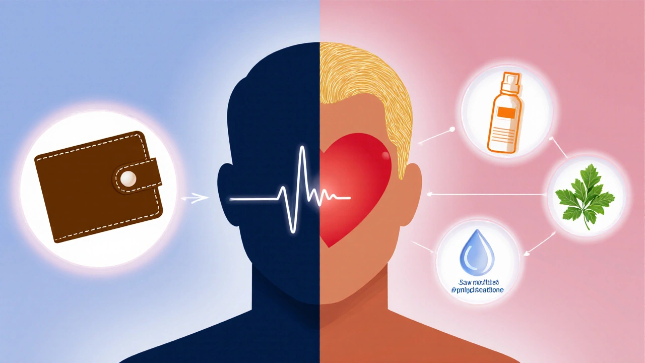 Collage of wallet, heart, prostate and hair icons with treatment symbols, depicting factors for choosing a therapy.