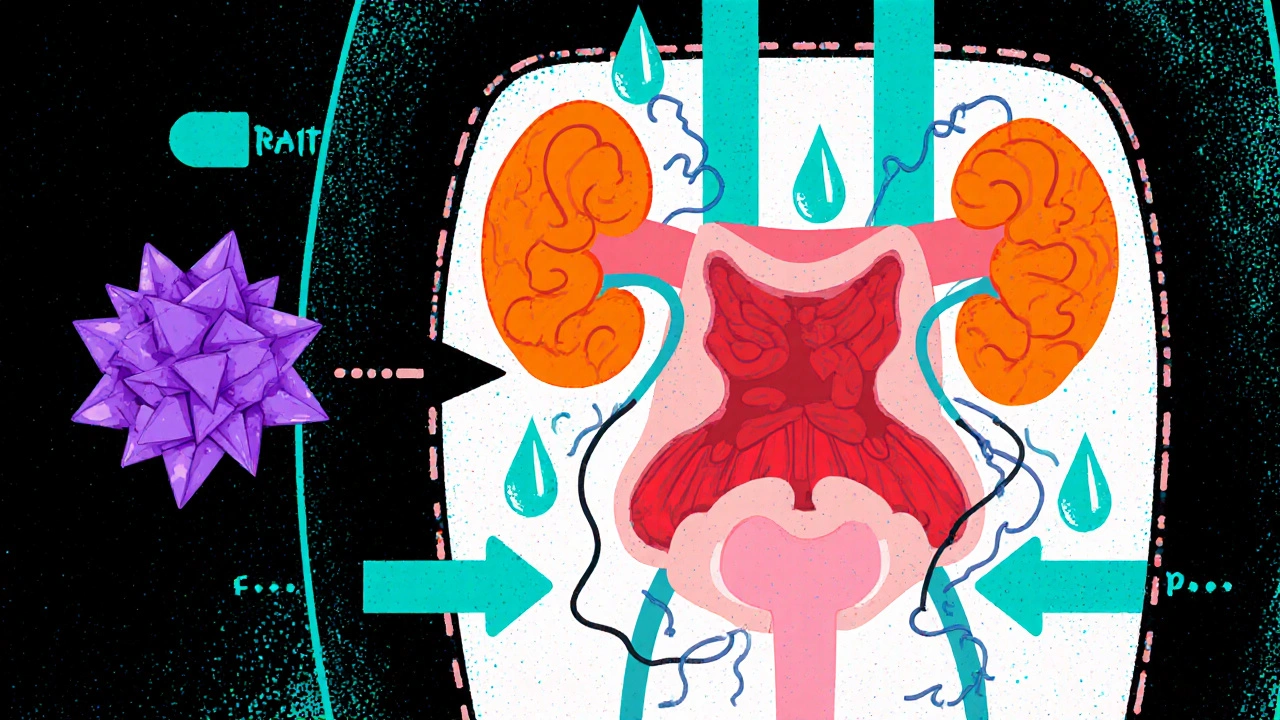 Cross‑section of body showing caffeine stimulating kidneys and bladder muscle.