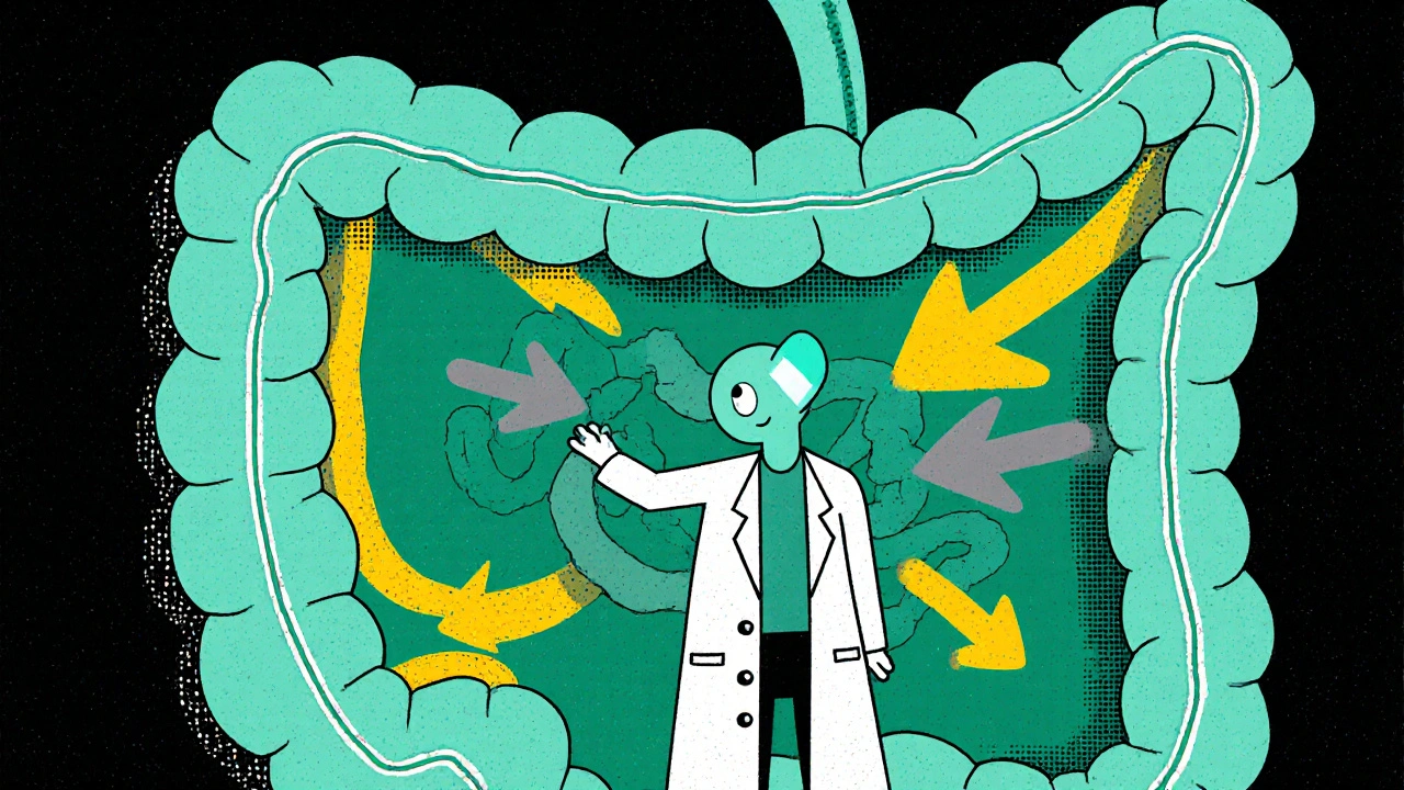 Cross‑section of gut showing slowed peristalsis blocked by a pill character.