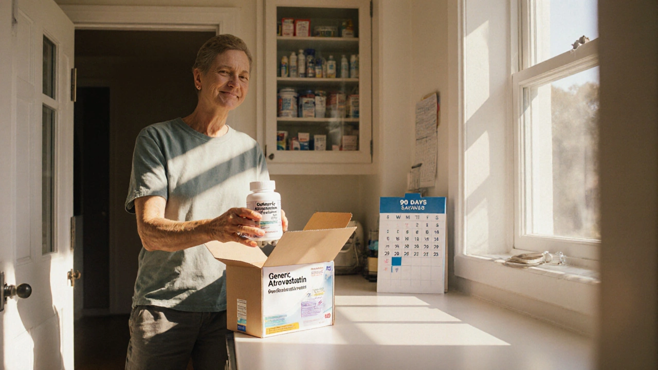 Delivery box opened with generic atorvastatin bottle being placed on a kitchen counter.