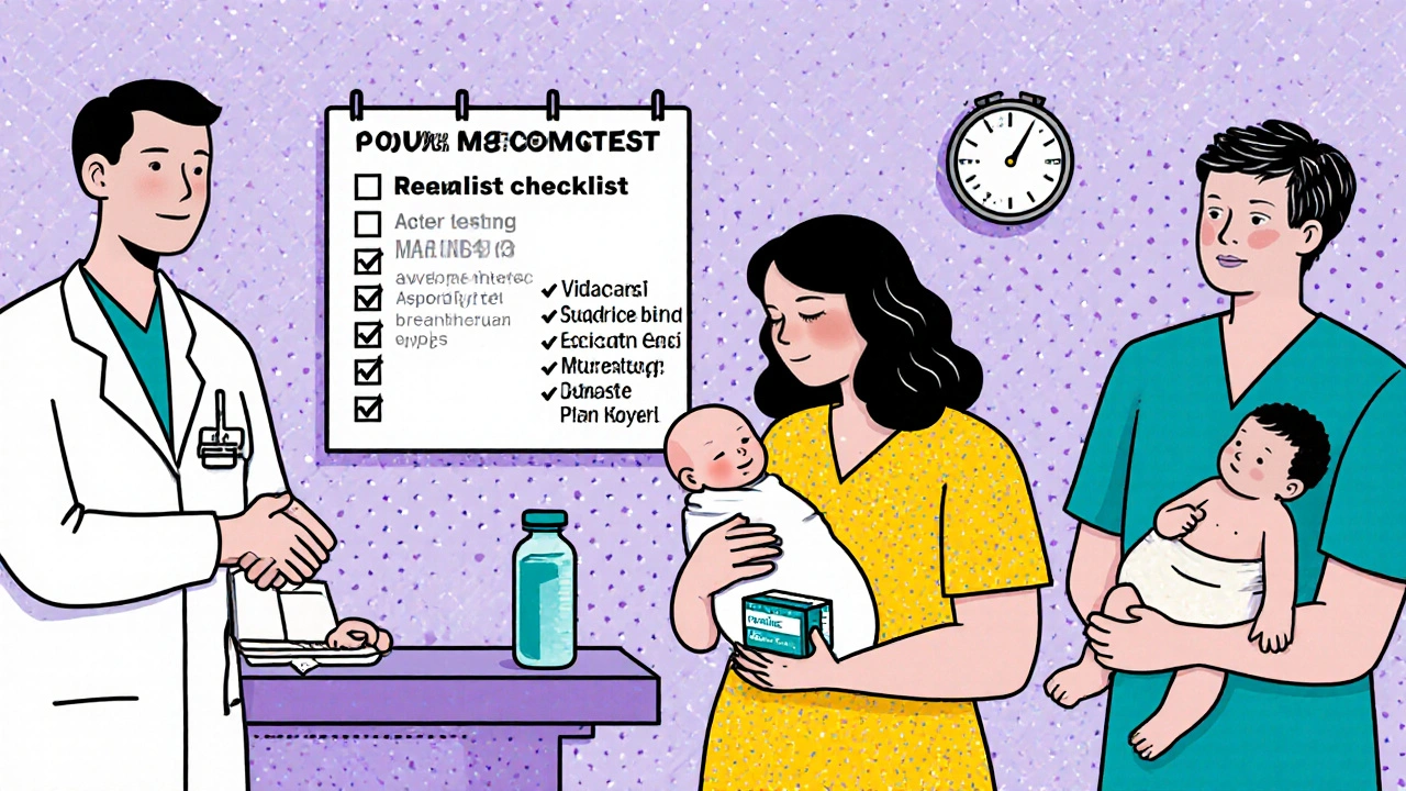 Delivery room scene showing safe meds, doctors, newborn, and a postpartum checklist.