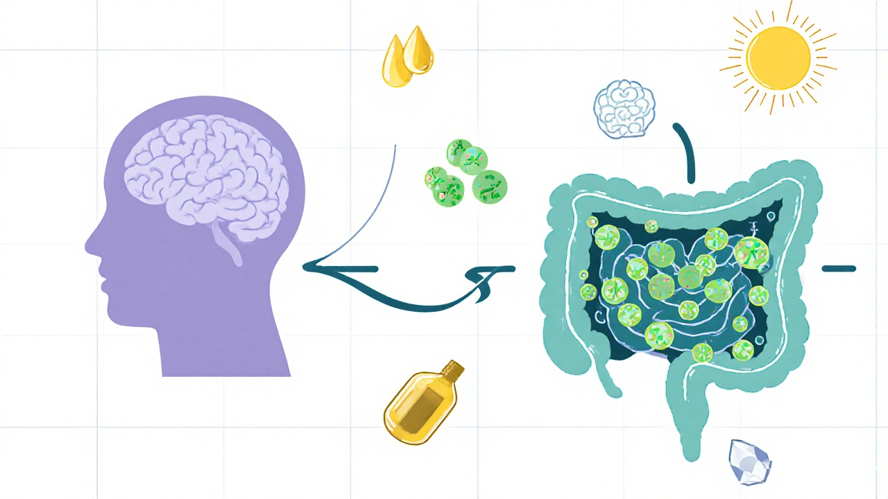 Diagram showing gut microbiome connected to brain with omega‑3, vitamin D, and probiotic symbols.