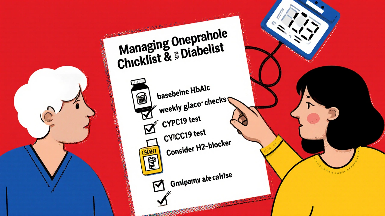 Doctor and patient reviewing a checklist for managing Omeprazole use and diabetes monitoring.