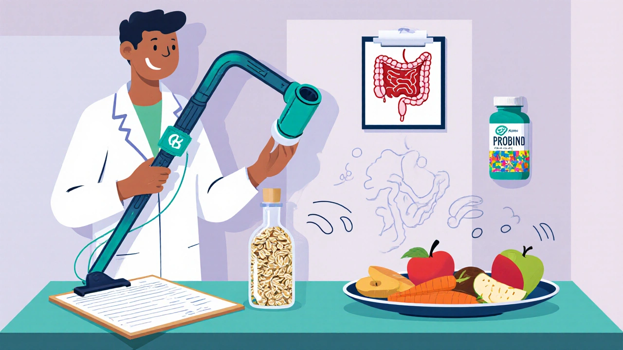 Doctor with colonoscopy tool, lab vial, fiber foods, and symptom diary.
