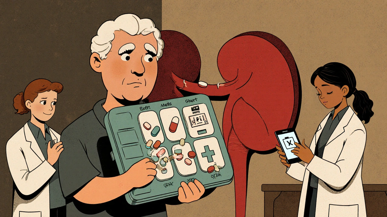 Elderly person surrounded by pills, warning sign shaped like a kidney behind them