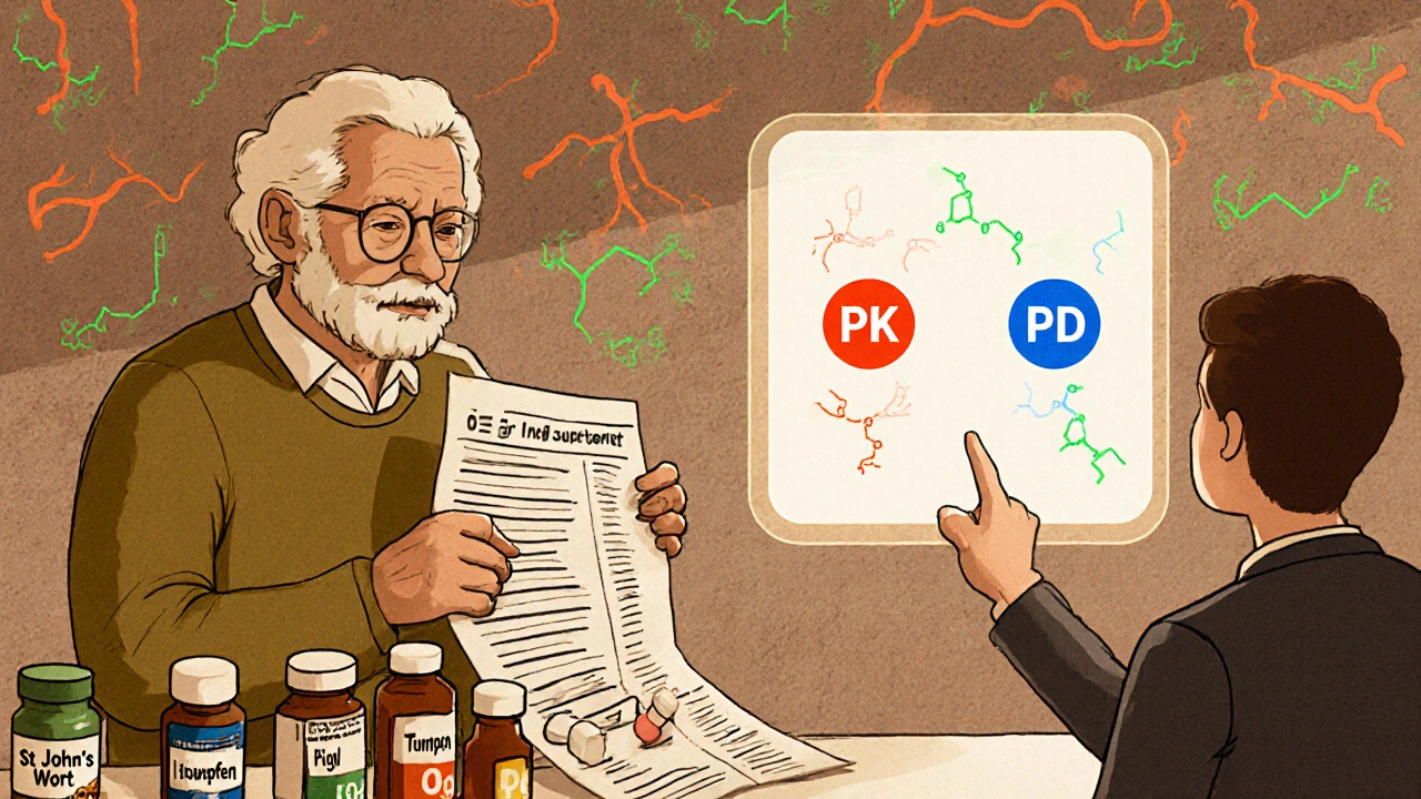 Elderly person with medication list and pharmacist checking digital interaction alerts.