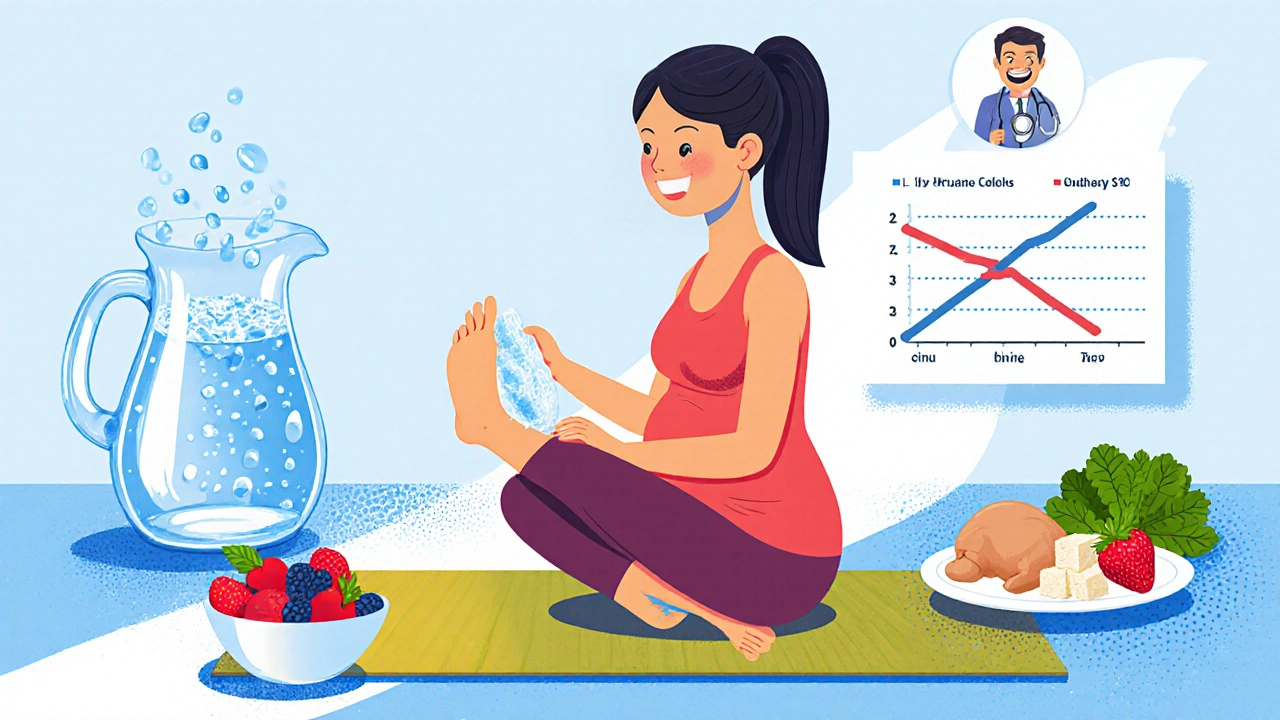 Expectant mother doing yoga, applying ice to ankle, surrounded by water, cherries, and a doctor.