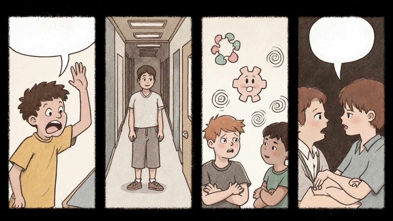 Four pastel panels showing ADHD interrupting, autism misreading facial cues, conduct disorder aggressing, ODD arguing.