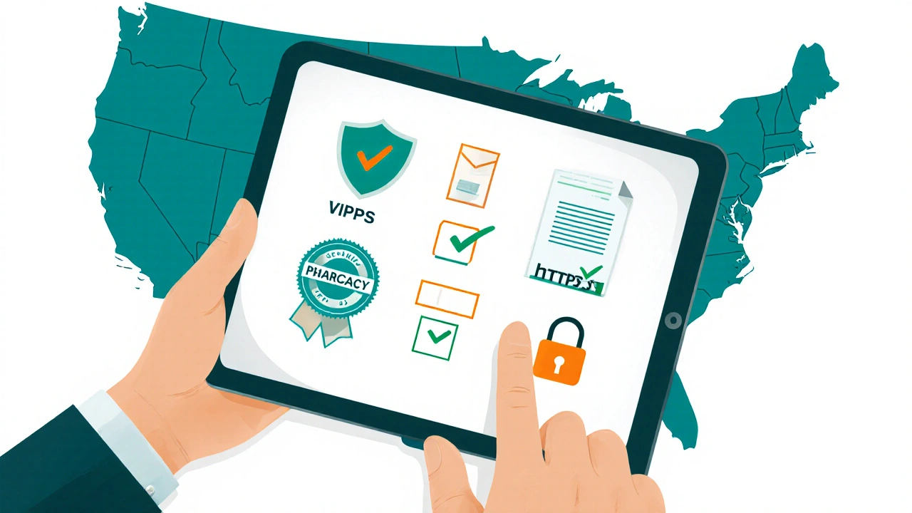 Hand holding a tablet showing safety checklist icons for online pharmacy verification.