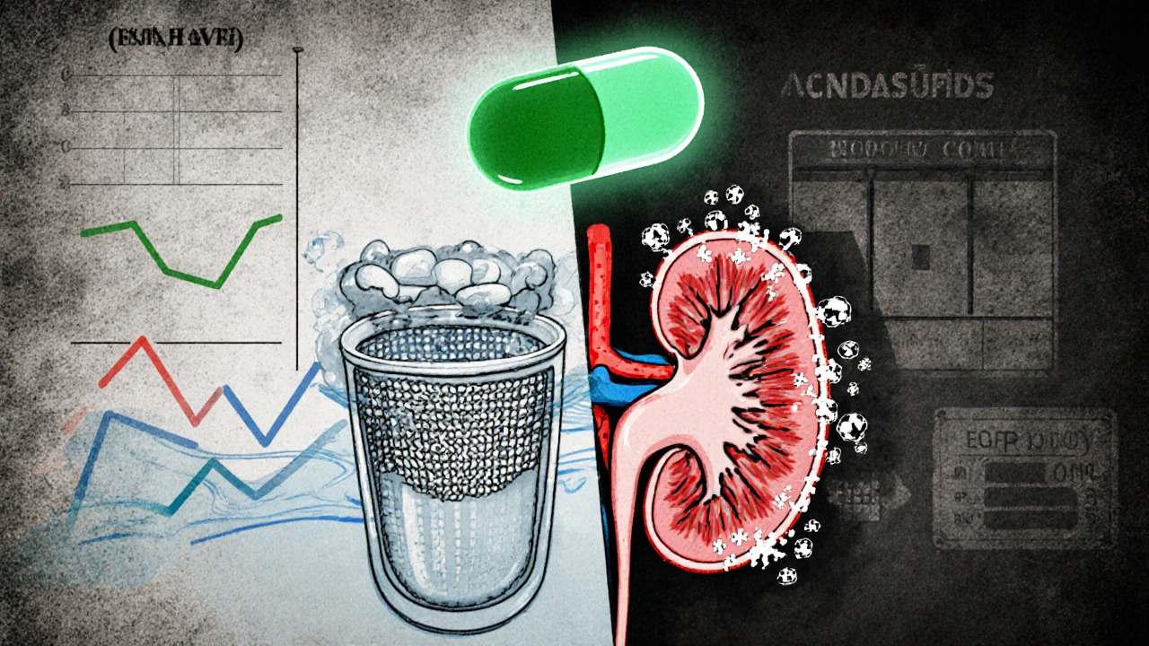 Healthy kidney filtering water vs damaged kidney with crystallized drugs