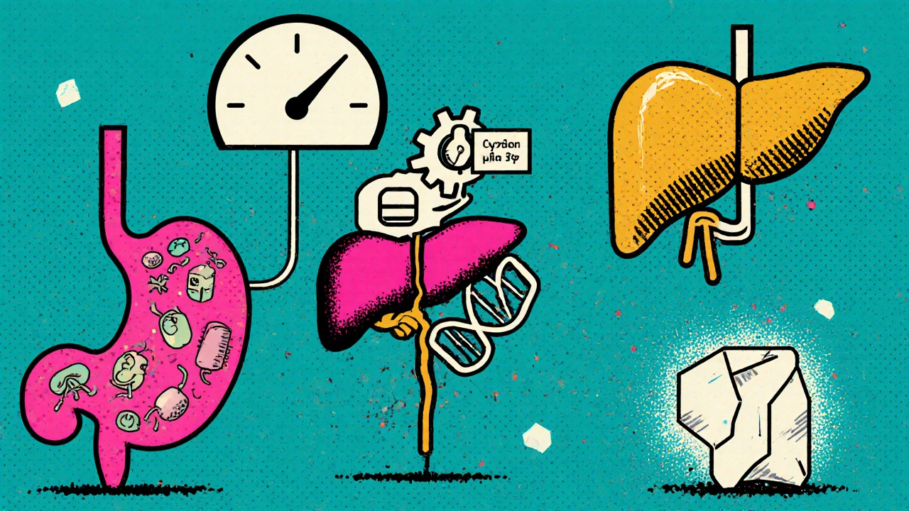 Illustration of gut bacteria, CYP2C19 enzyme, DNA test tag, and pancreas showing Omeprazole's impact on glucose control.