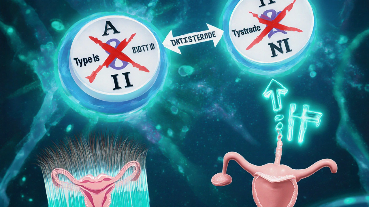 Illustration of testosterone conversion blocked at type I and II enzymes, showing reduced DHT and healthier prostate and hair follicles.