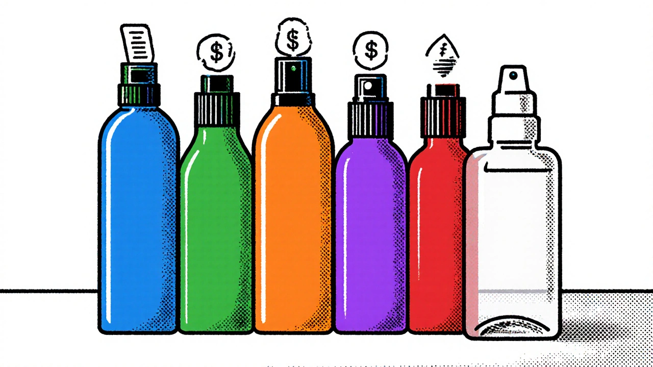 Lineup of six colorful nasal spray bottles with visual icons indicating prescription and OTC status.