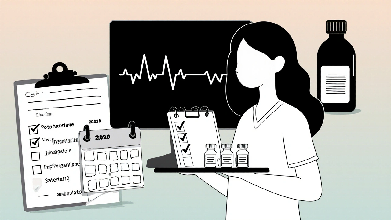 Nurse with ECG monitor, electrolyte vials, checklist and calendar indicating cardiac monitoring.