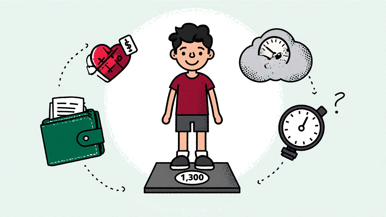 Patient with lower weight on scale, heart icon, wallet price tag, and 12‑month timeline illustrating benefits and costs.