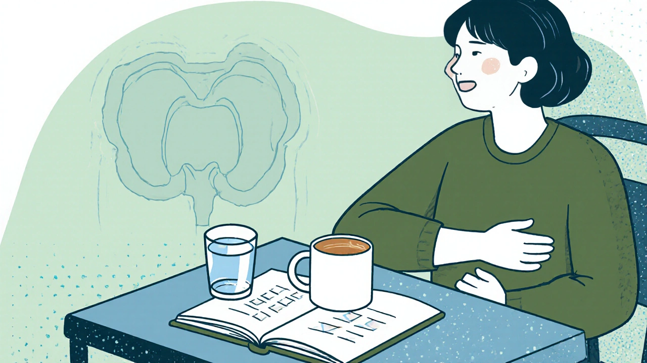 Person balancing coffee, water, and notebook while doing pelvic floor exercises.