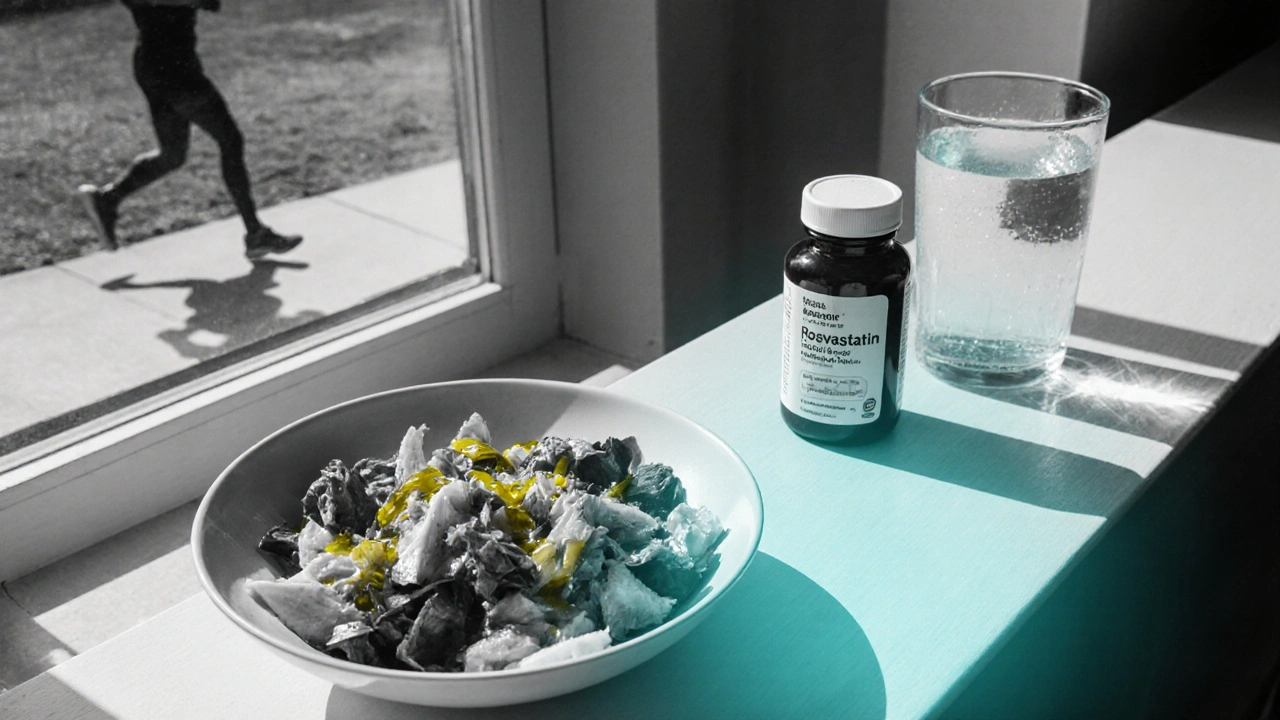 Person making a Mediterranean salad with rosuvastatin bottle, duotone style.
