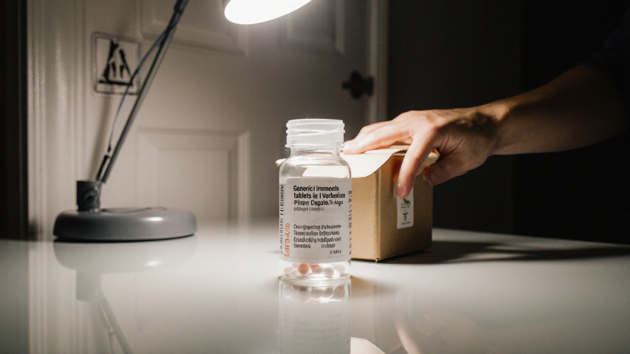 Person opens a delivery box, examining an ivermectin bottle under a bright lamp.