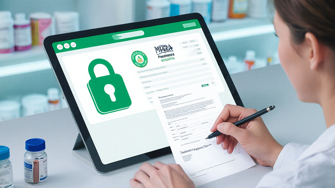 Pharmacist reviewing prescription beside a secure online pharmacy tablet.