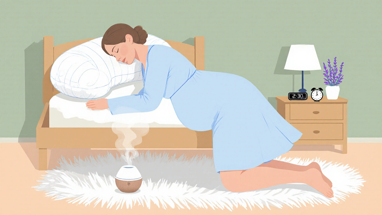 Pregnant woman stretching beside a full‑body pillow in a pastel bedroom with a nightstand lamp.