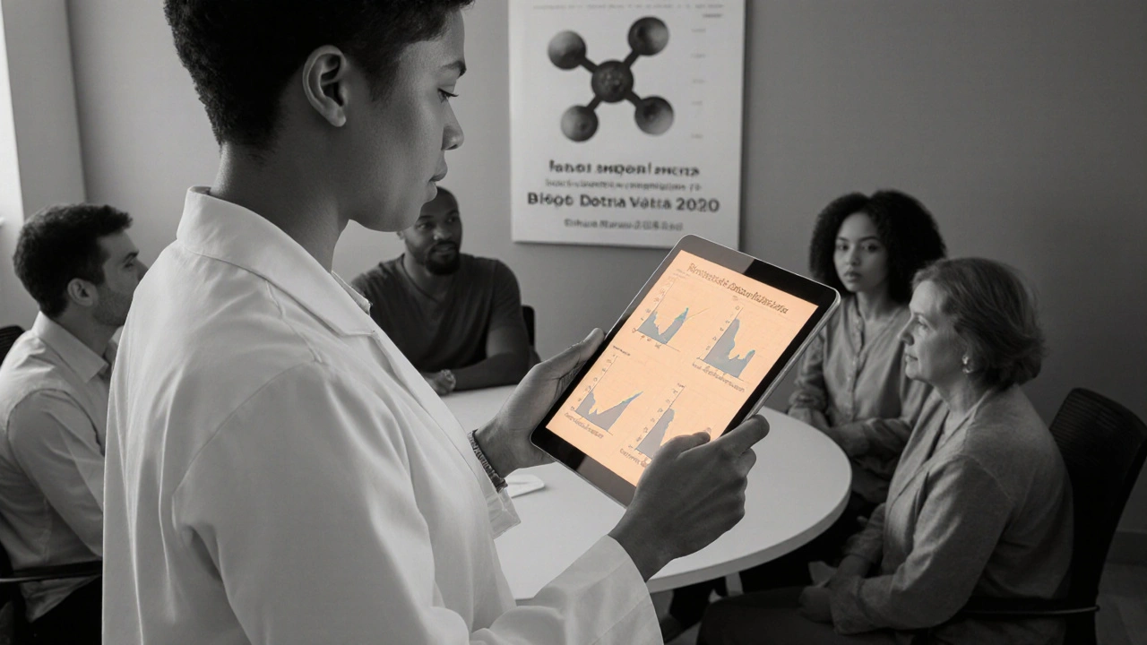 Researcher with patients in a clinical setting, duotone with amber accents.