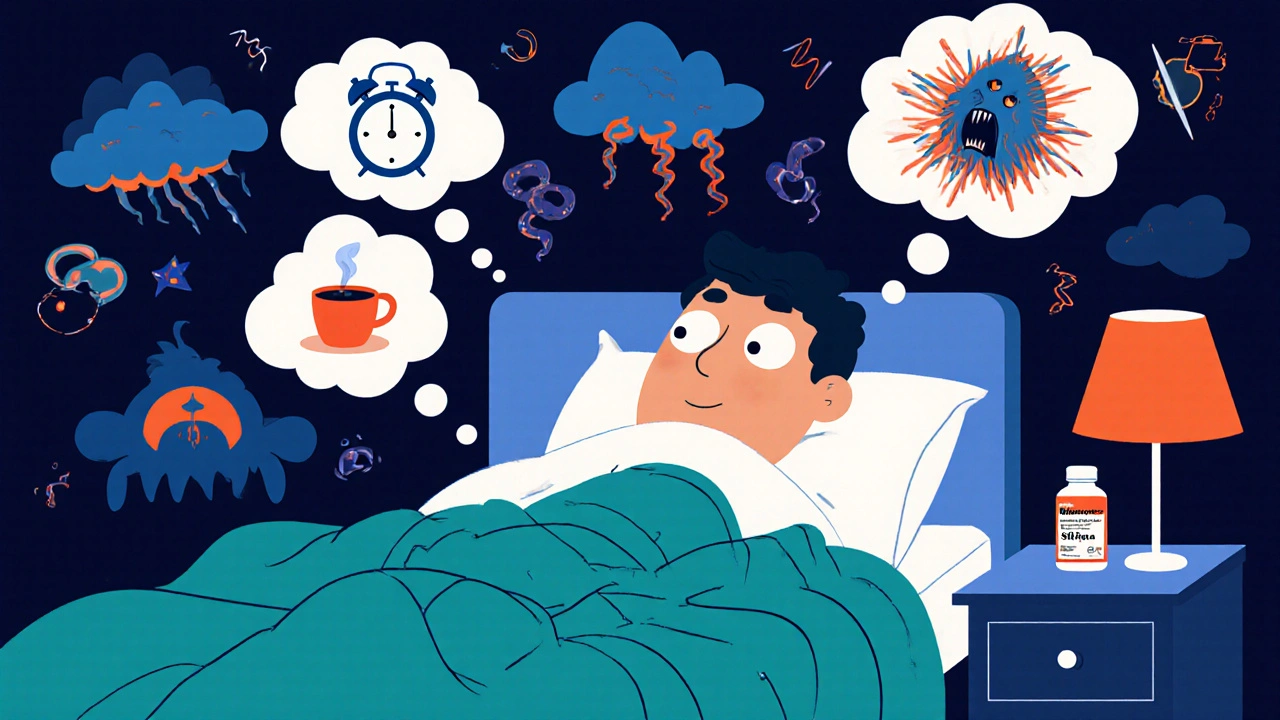Restless sleeper in bed with insomnia thought bubbles.