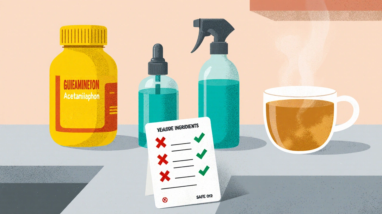 Safe OTC items and a wallet cheat‑sheet card displayed on a kitchen counter in cartoon screenprint style.