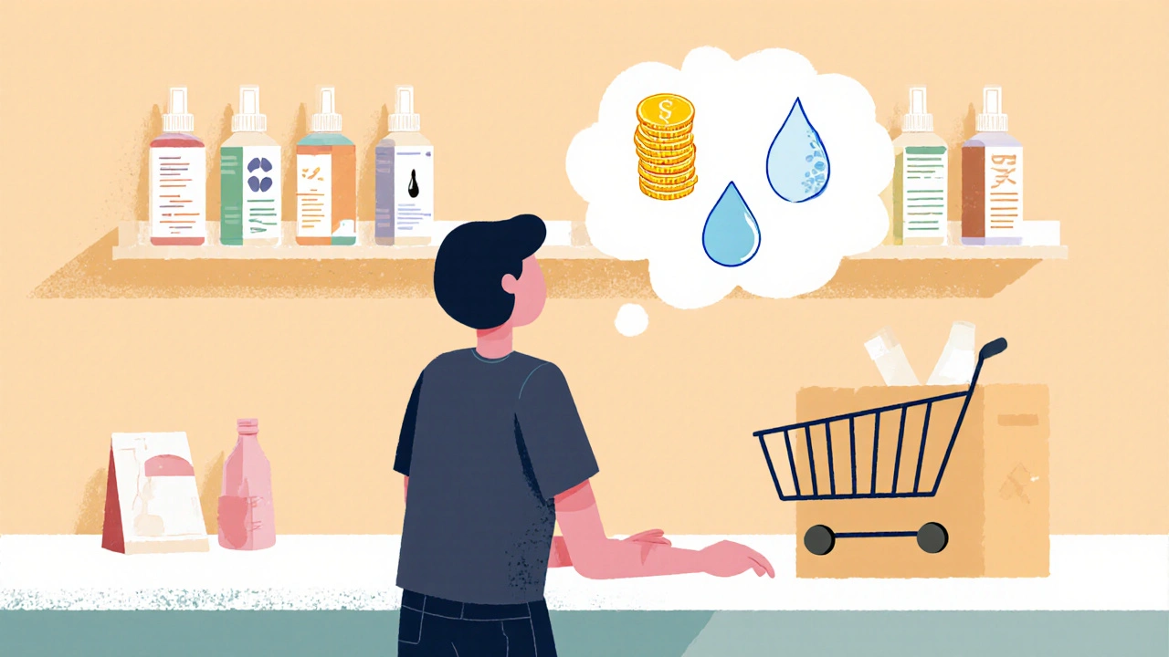 Shopper at pharmacy pondering cost and side effects, with thought bubble showing coins, water droplet, and nosebleed symbol.