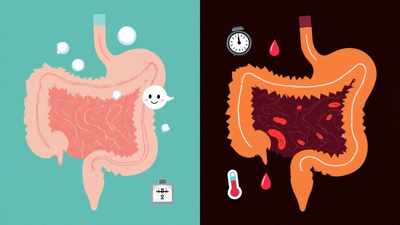 Side‑by‑side cartoon of a normal gut and an inflamed gut with symptom icons.