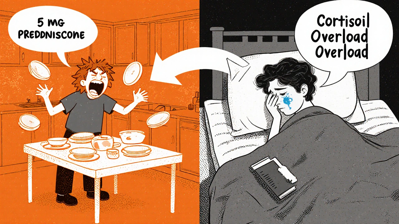 Split image of someone yelling in the kitchen and crying in bed, connected by medication labels, illustrating drug-induced mood changes.