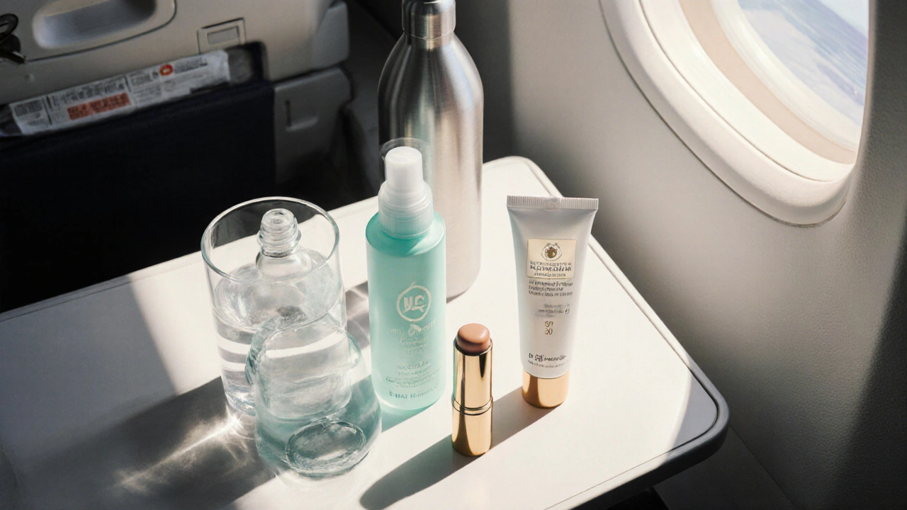 Travel-sized skincare products arranged neatly on an airplane tray table.
