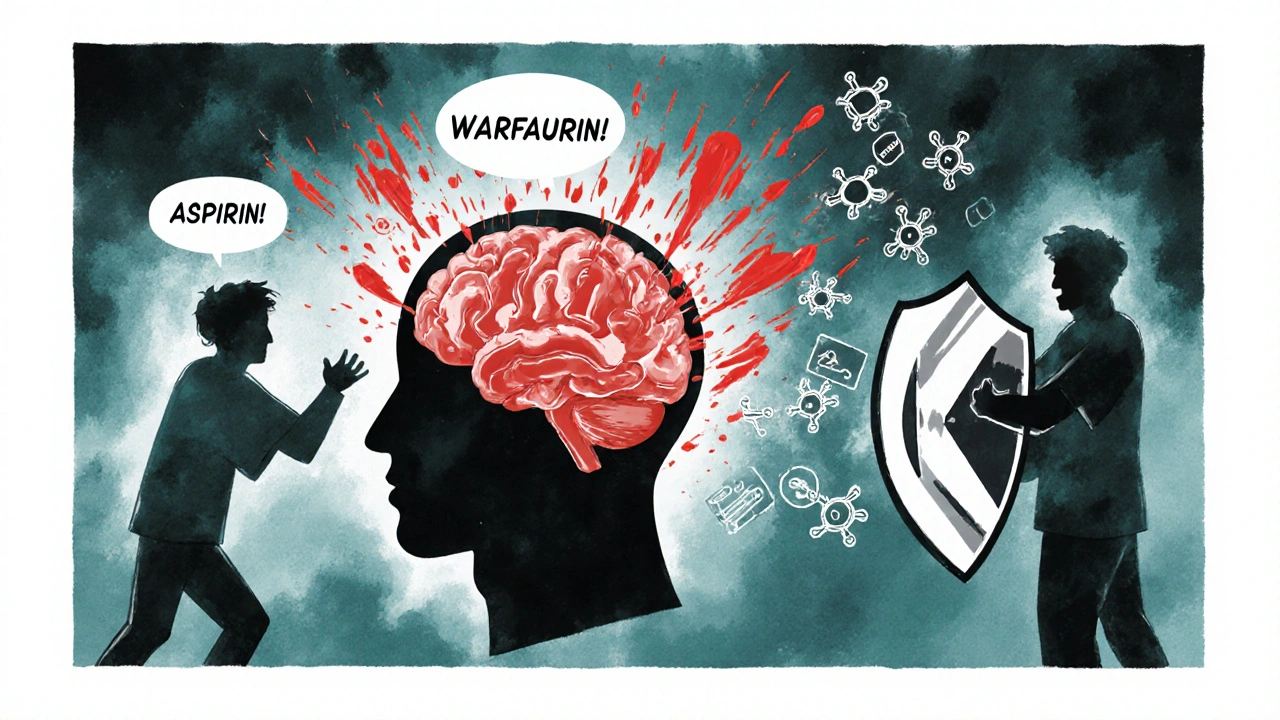 Two figures in a brain shouting, their effects merging into a bleeding storm, with a shield pushing away opioids.