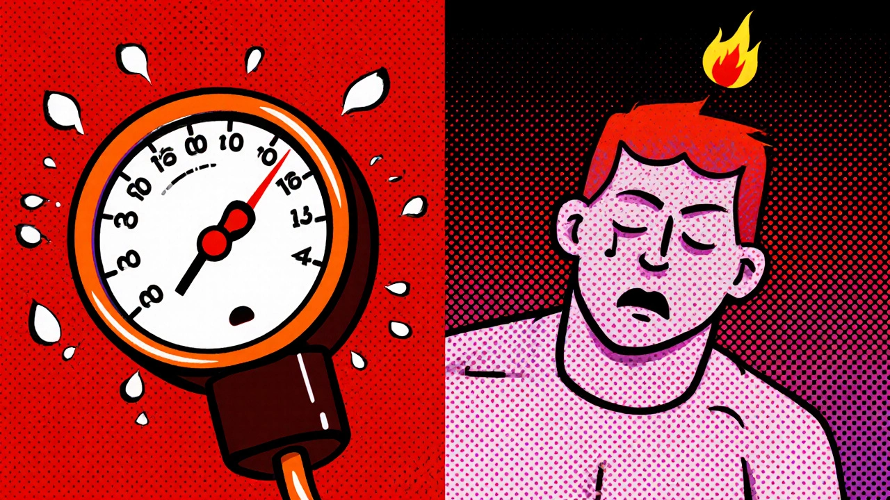 Two panels show a person with a high blood pressure gauge and another with serotonin syndrome symptoms.