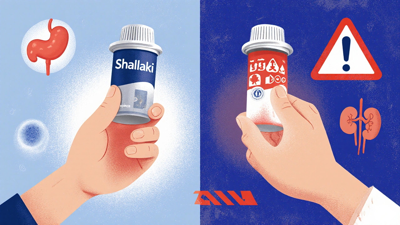 Two people comparing Shallaki and NSAIDs, one calm and glowing, the other surrounded by warning symbols.