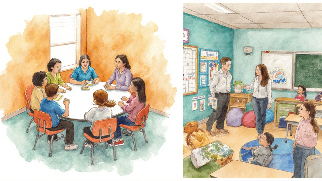 Watercolor of therapist, parents, and children in social skills group beside inclusive classroom.