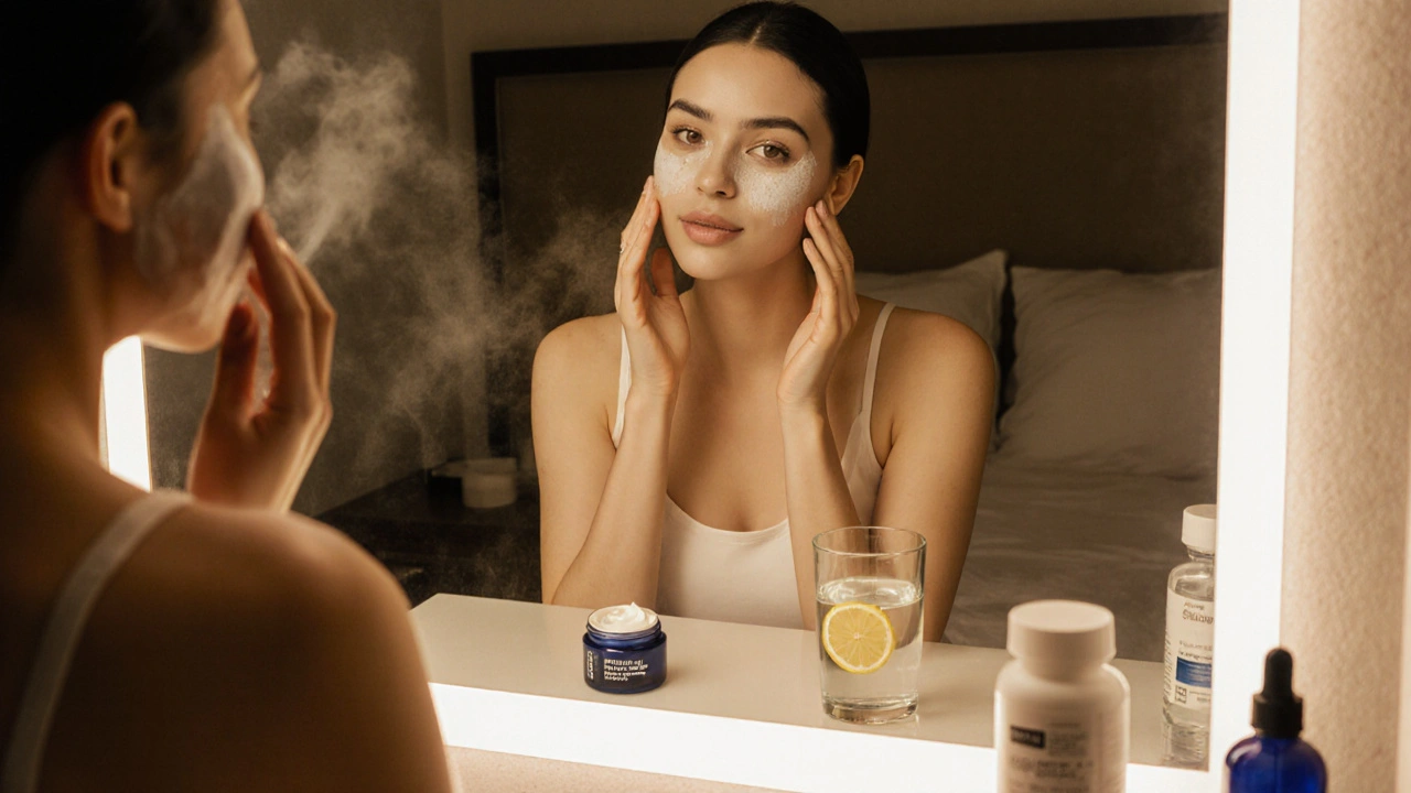 Woman applying retinol night cream in a warm, post‑flight bathroom setting.