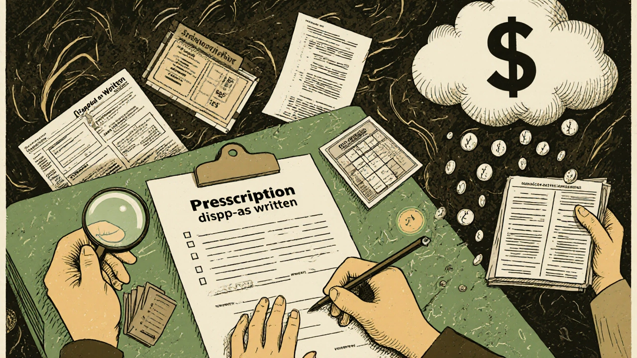 A doctor writes a prescription as paperwork and co-pay cards swirl around, while a patient examines a formulary chart under a magnifying glass.