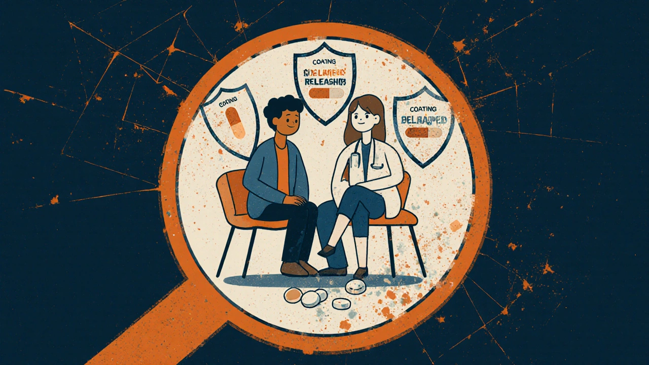 A magnifying glass reveals patent thickets blocking a drug, while a biosimilar breaks through from below.