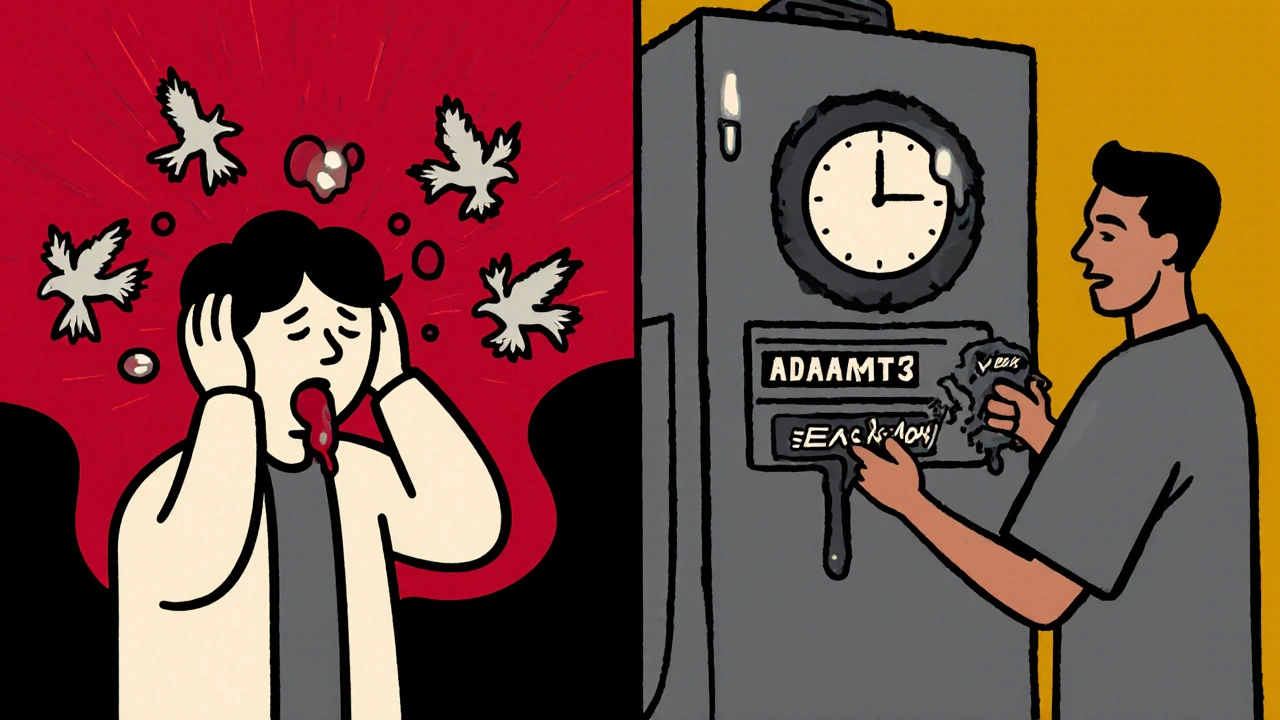 A patient with confused expression and blood cells flying out, while a doctor performs plasma exchange with a melting clock.