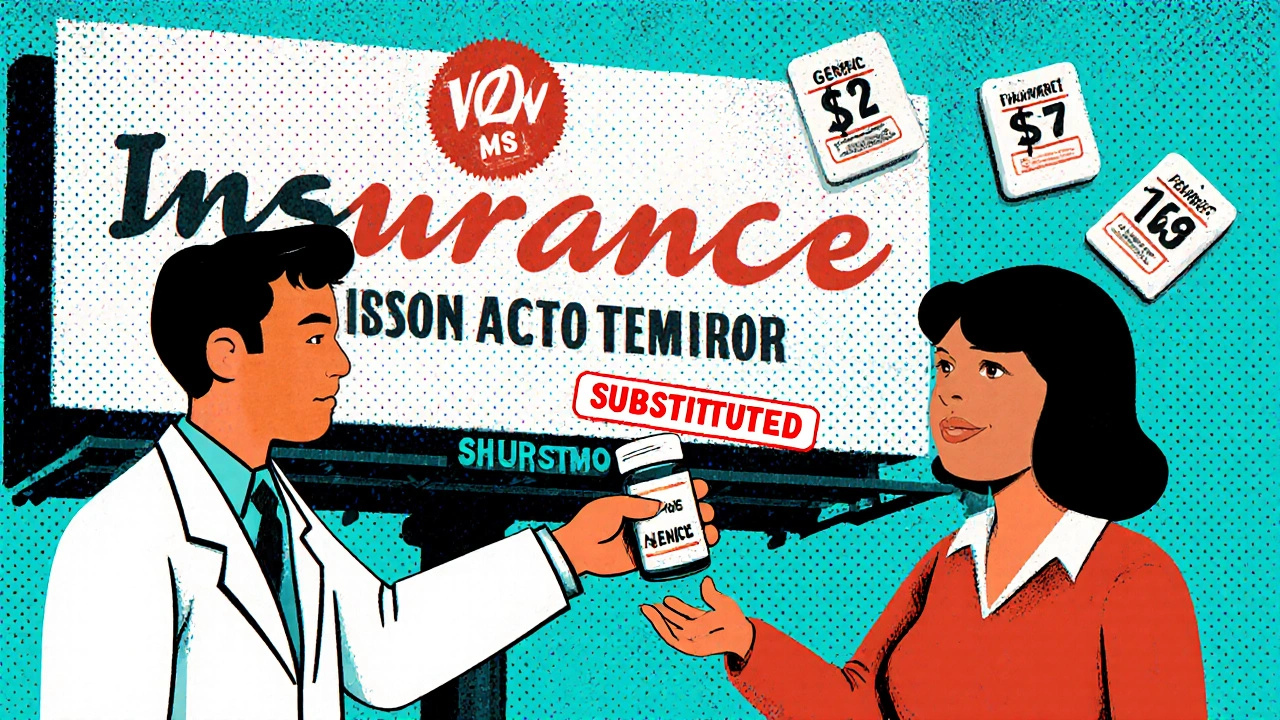 A pharmacist gives a generic pill bottle to a patient while a giant insurance logo looms behind them and price tags float in the air.