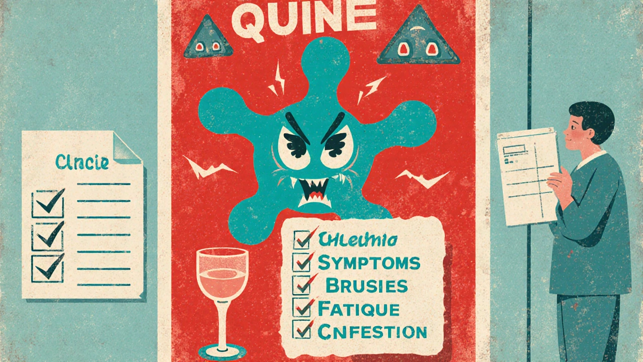 A warning poster showing a menacing quinine molecule looming over tonic water, with symptom icons glowing around it.