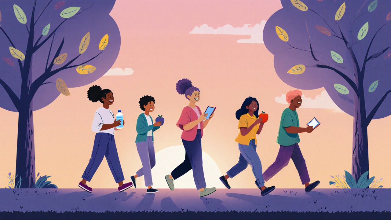 Diverse group walking in park, showing healthy habits while adjusting to medication.